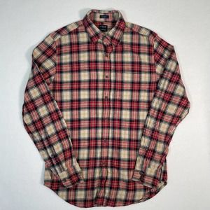 J.Crew Men's Small Red Tan Plaid Flannel Long Sleeve Button Shirt Cotton A84
